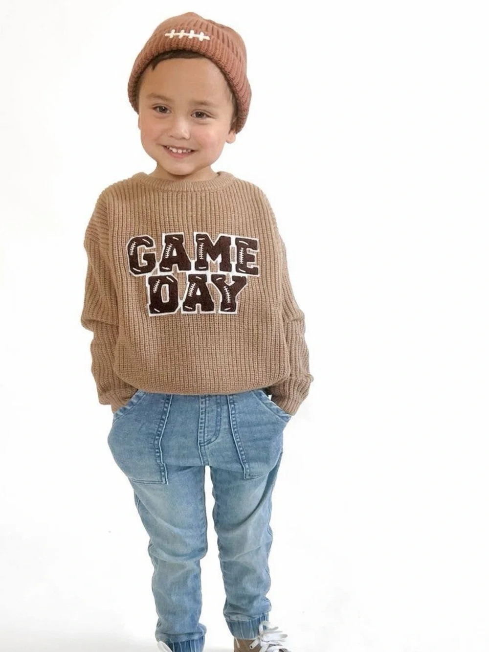 Sweet Wink Kids Brown Knit Lace Patch Football Beanie